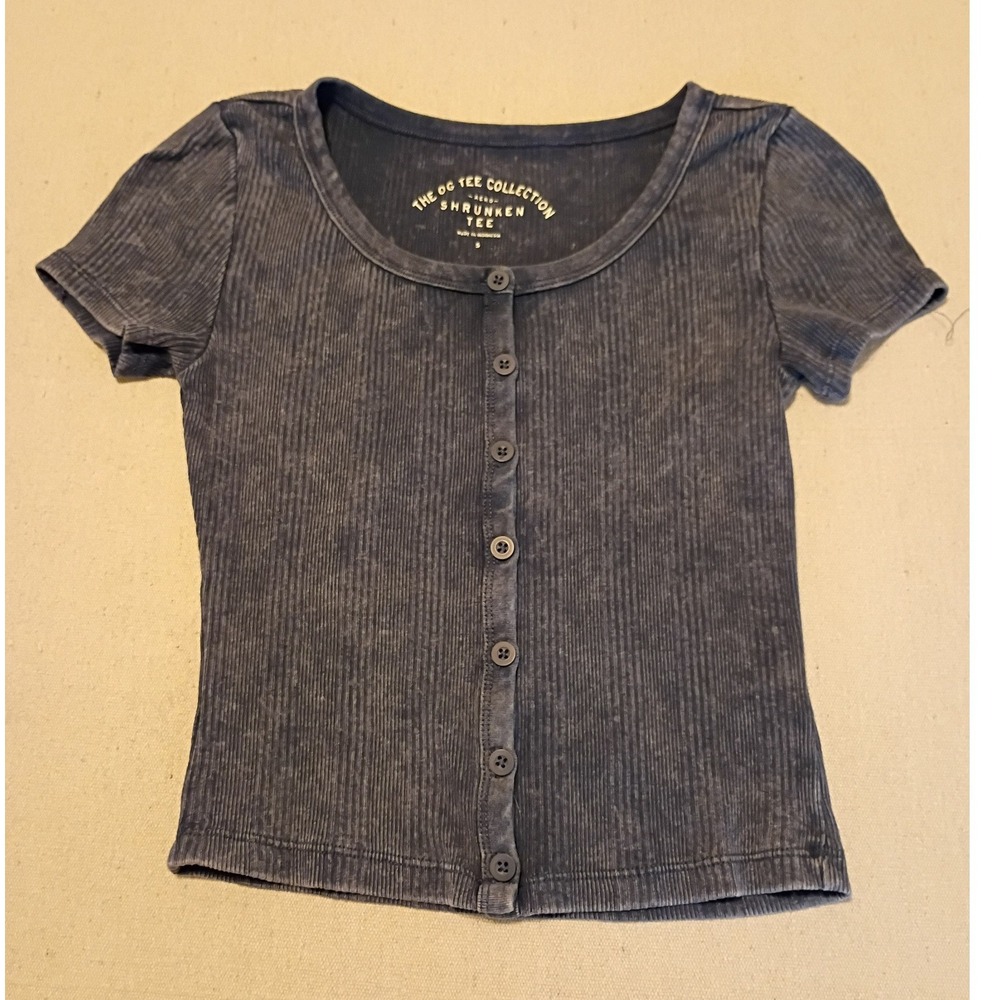 Aeropostale Shrunken Tee Womens Small Gray Acid Wash‎ Ribbed Button Front Henley